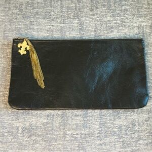 Moss Mills made in the USA black leather clutch w/tassel & charm 10”L x 5.5”W